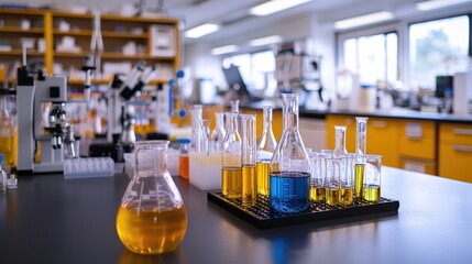 An organized chemistry lab with beakers, pipettes, and Bunsen burners in use.