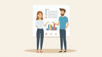 Obraz premium A man and woman standing next to a chart displaying business performance, discussing key metrics in a flat, minimalist vector style.