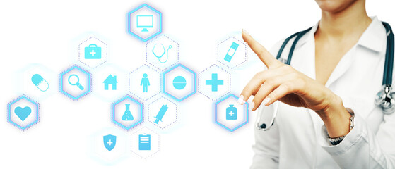 Hand pointing at healthcare icons on a digital interface