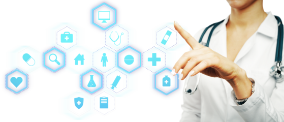 Hand pointing at healthcare icons on a digital interface