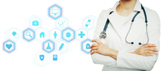 Doctor with medical icons in blue on white background, healthcare concept