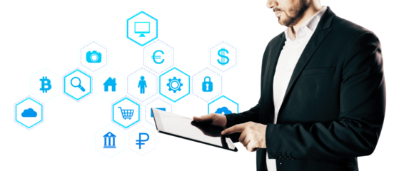 Businessman using tablet with digital icons, white background, technology concept