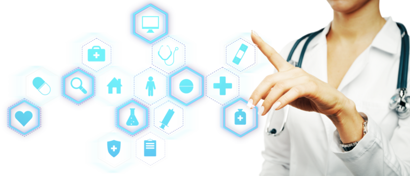 Hand pointing at healthcare icons on a digital interface - Powered by Adobe