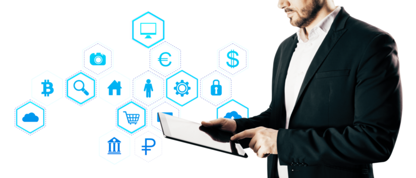 Businessman using tablet with digital icons, white background, technology concept