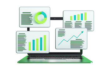 Laptop showing financial charts and graphs in green and blue tones. 3D Rendering
