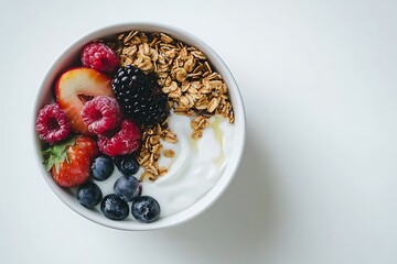 bowl of yogurt, fruit and granola isolated in white background