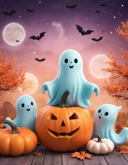 A soft Halloween background in pastel tones with charmingly cute ghosts, decorative pumpkins, and fun-loving bats, making for a delightful and lighthearted Halloween setting