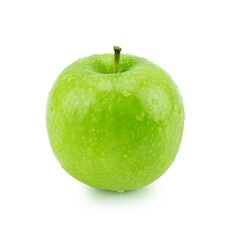Isolated green apple with water drops (white background). Fresh diet fruit. Healthy fruit with vitamins.