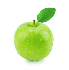 Isolated green apple with water drops (white background). Fresh diet fruit. Healthy fruit with vitamins.