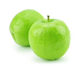 Isolated green apple with water drops (white background). Fresh diet fruit. Healthy fruit with vitamins.