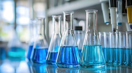 A collection of beakers filled with liquids alongside other lab equipment.