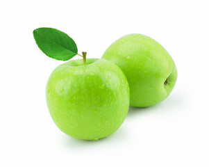 Isolated green apple with water drops (white background). Fresh diet fruit. Healthy fruit with vitamins.