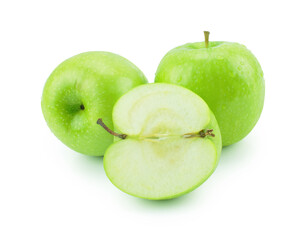 Isolated green apples with water drops and half (white background). Fresh diet fruit. Healthy fruit with vitamins.Clipping path