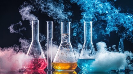 Beakers bubbling with reactions, surrounded by additional scientific tools.