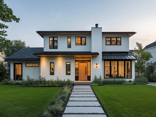 A Modern House with Black Roof and Walkway on a Sunny Day View