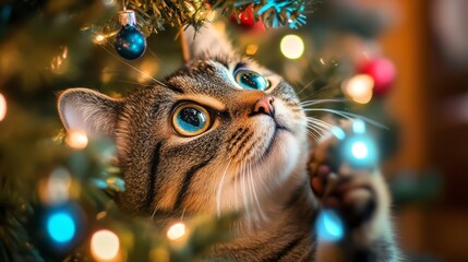 Curious Kitten Under Christmas Tree 