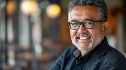 Obraz premium A cheerful professional man enjoys a moment in a lively café atmosphere