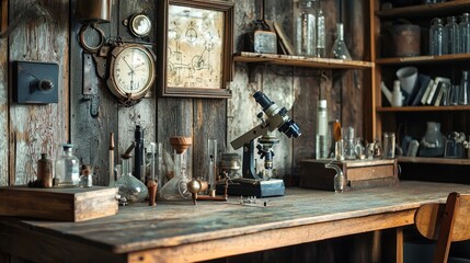 Antique lab instruments displayed in a rustic laboratory setting.