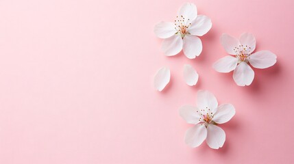 A minimalist cherry blossom composition featuring three scattered petals, isolated on a soft pastel pink background with artistic simplicity