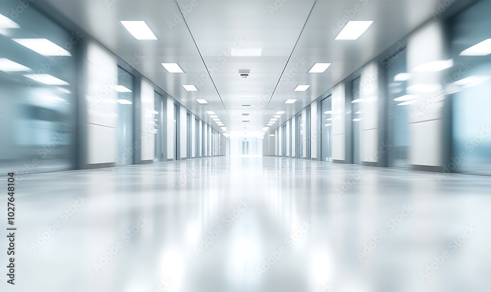 Poster a modern, illuminated corridor with a reflective floor and glass walls, creating a spacious and airy