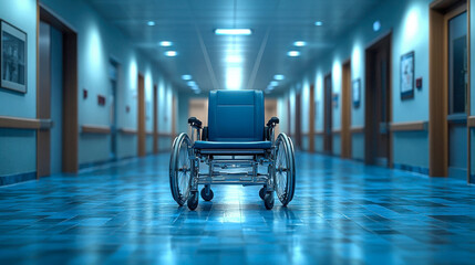 Obraz premium A sleek blue wheelchair sits in the middle of a hospital hallway, well-lit with modern surroundings, representing mobility and accessibility