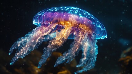 Bioluminescent comb jelly pulsating in dark ocean depths