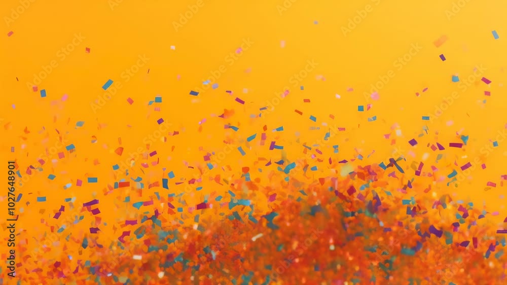Poster Colorful confetti exploding on an orange background, creating a festive and celebratory atmosphere. This vibrant image is perfect for projects related to parties, celebrations, and joyful occasions