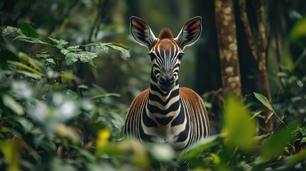 Elegant okapi in dense Congo rainforest