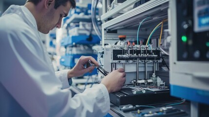 A technician repairing a medical device in a hospital workshop.