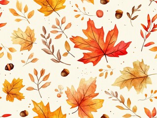 Colorful autumn leaves and acorns on a light background, nature-inspired design, seamless pattern.