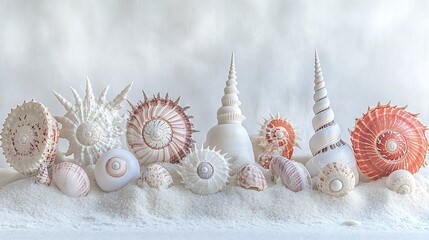 Obraz premium A collection of seashells of various shapes and sizes arranged on white sand.