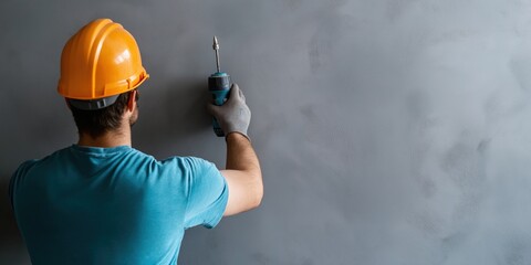 A construction worker in a hard hat is seen using a power drill to work on a gray concrete wall, epitomizing diligence and skill in building and construction.
