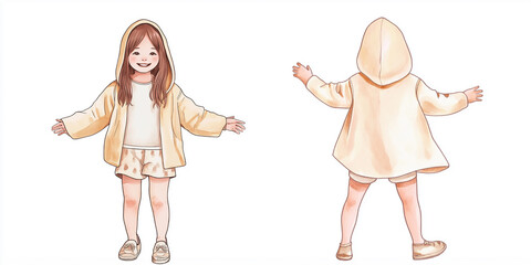 Cute little girl wearing summer clothes standing front and back view posing with open arms