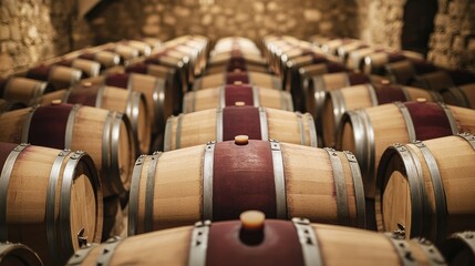 Aged Oak Barrels Stacked in Rustic Cellar