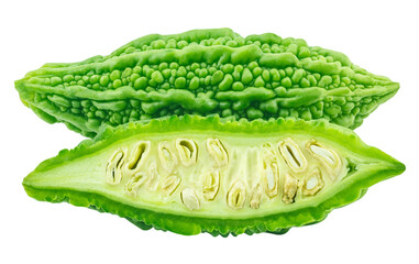 slices of bitter gourd arranged on white background