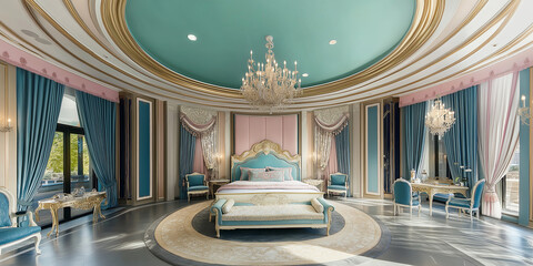 Luxurious master bedroom boasting a round bed with a circular tray ceiling and a crystal chandelier