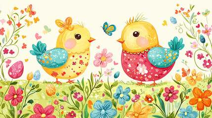 Naklejka premium Cute and colorful illustration of two cheerful birds surrounded by flowers and butterflies, creating joyful spring atmosphere. Perfect for seasonal decorations