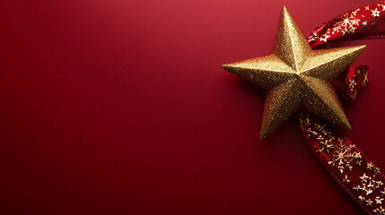 festive golden star ornament rests on rich red background, evoking warmth and joy of holiday season. Perfect for Christmas decorations and celebrations