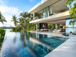 Fototapeta premium Modern Minimalist Cubic Villa with Large Swimming Pool