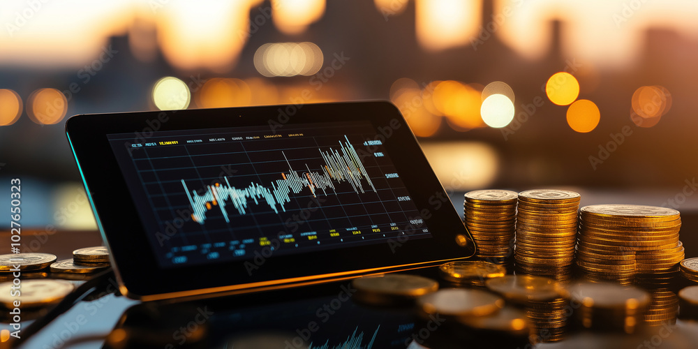 Aufkleber digital tablet showing graph next to stacks of coins