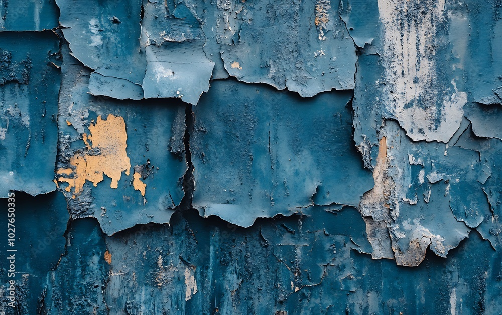 Poster a textured blue wall shows peeling paint, revealing layers of color and weathered surfaces, creating