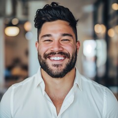 Obraz premium A friendly-looking man with a beard smiles confidently while standing indoors
