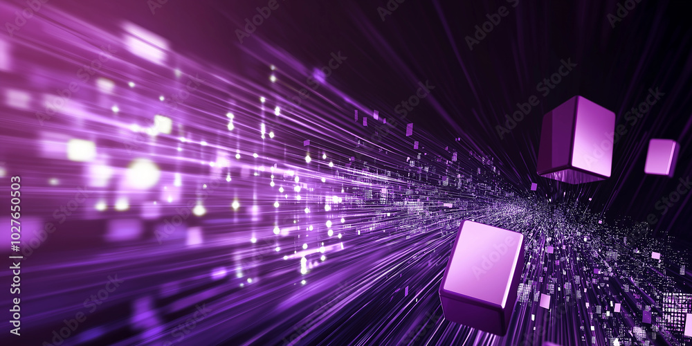 Poster Purple cubes floating through digital space with light trails