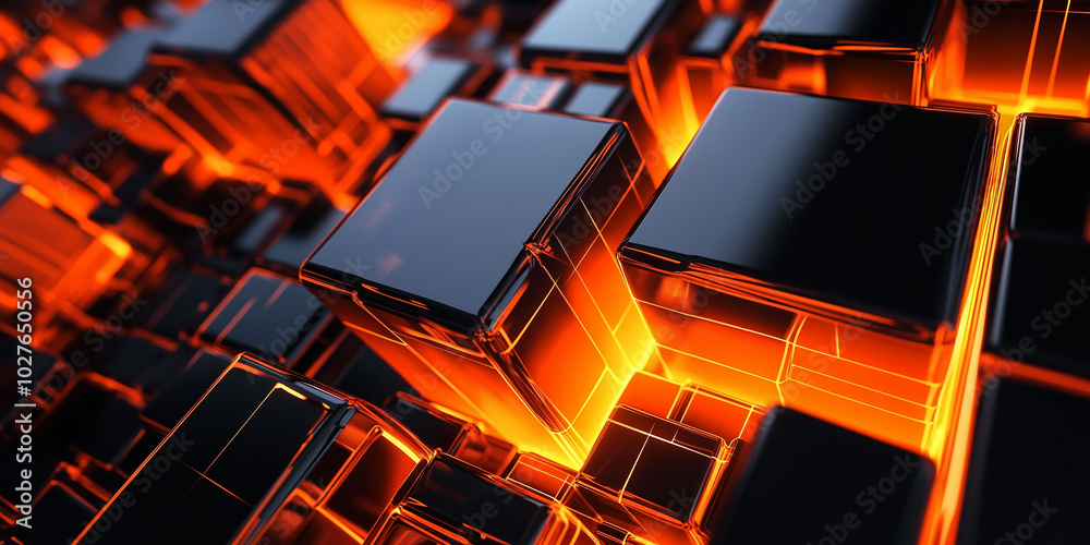 Poster Abstract background of glowing black cubes forming a data network