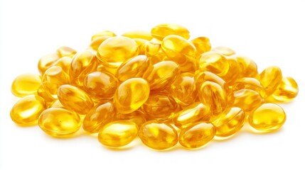 Fototapeta premium A pile of yellow oval-shaped soft gel capsules isolated on a white background.