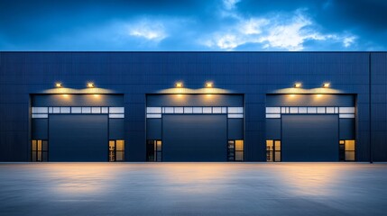 Obraz premium Modern Industrial Warehouse Exterior with Large Closed Loading Bay Doors Under Evening Sky
