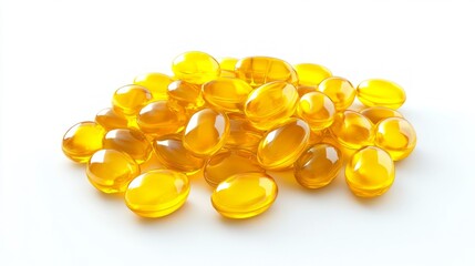 Fototapeta premium A pile of yellow softgel capsules on a white background.