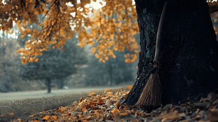 Obraz premium 4. A witch's broomstick leaning against a tree