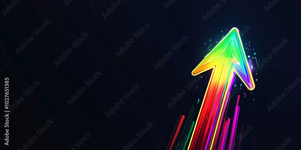 Poster rainbow colored arrow pointing up on black background representing growth