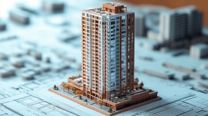 A miniature model of a modern apartment building sits on a blueprint.